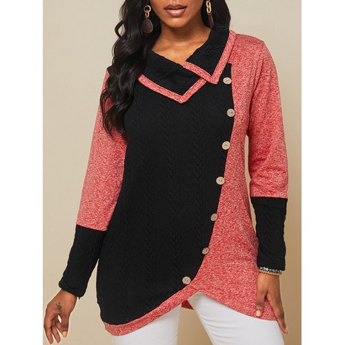 Contrast Color Long Sleeve Asymmetrical Patchwork Sweater For Women