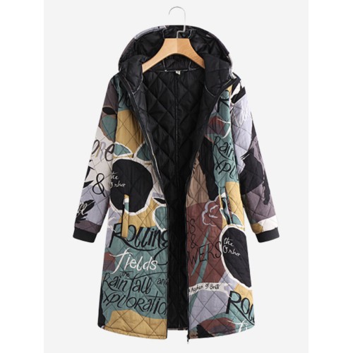 Contrast Color Letter Print Hooded Long Sleeve Coat