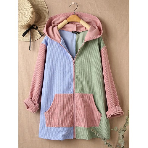 Contrast Color Long Sleeve Hooded Patchwork Zipper Fly Corduroy Coat