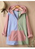 Contrast Color Long Sleeve Hooded Patchwork Zipper Fly Corduroy Coat