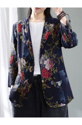 Flower Print Pockets Vintage 3/4 Sleeve Cotton Jacket