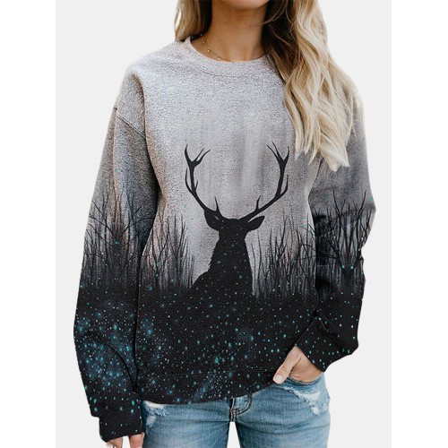 Cartoon Elk Print Long Sleeves O-neck Casual Sweatshirt For Women