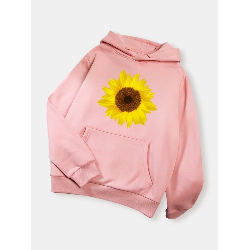 Casual Daisy Floral Printed Long Sleeve Hoodie With Pocket