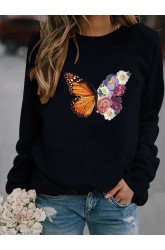 Flower Butterfly Print Long Sleeve Sweatshirt For Women