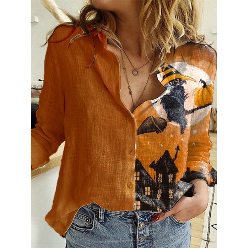 Cartoon Printed Long Sleeve Turn-down Collar Patchwork Blouse For Women