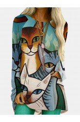 Cartoon Cat Printed O-neck Long Sleeve Loose Blouse