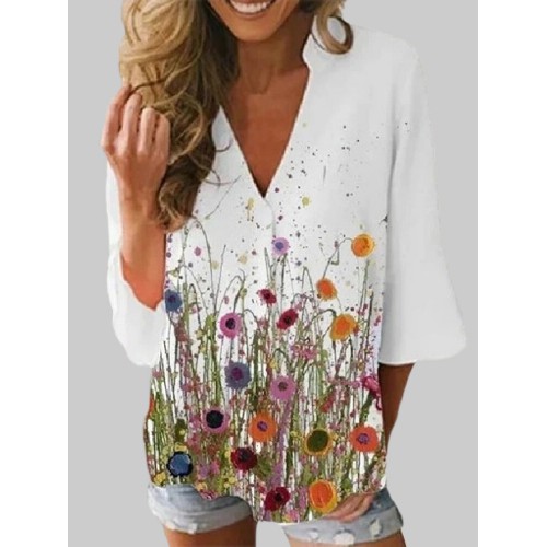 Flower Print V-neck 3/4 Sleeve Casual Blouse For Women