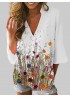 Flower Print V-neck 3/4 Sleeve Casual Blouse For Women