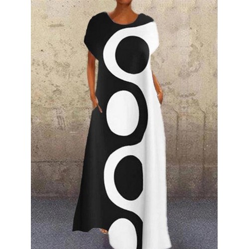 Art Printed Short Sleeve O-neck Vintage Maxi Plus Size Dress