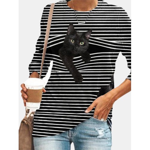 Black Cat Print Long Sleeve O-neck White Striped Plus Size T-shirt