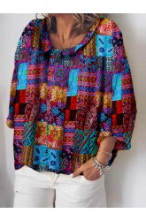 Vintage Print 3/4 Sleeve Lapel Plus Size Blouse