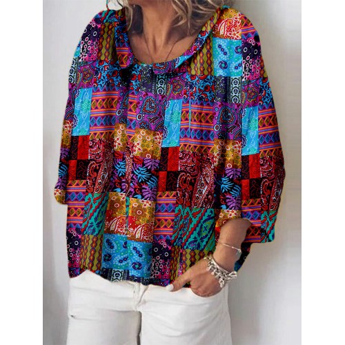 Vintage Print 3/4 Sleeve Lapel Plus Size Blouse