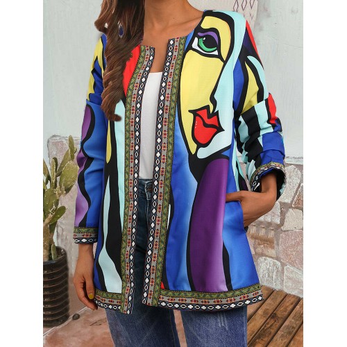 Abstract Print Webbing Patchwork Plus Size Jackets for Women