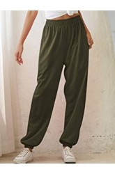 Solid Color Elastic Waist Pocket Pants For Women