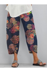 Flower Print Pockets Casual Women Elastic Waist Pants