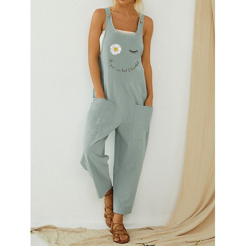 Cartoon Daisy Floral Letter Printed Jumpsuit With Pocket