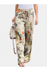 Floral Printed Elastic Waist Straight-Legged Pants For Women