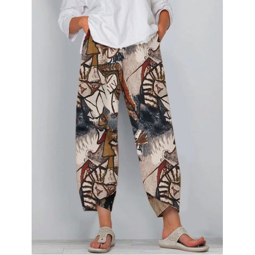 Colorful Ethnic Print Elastic Waist Pants For Women