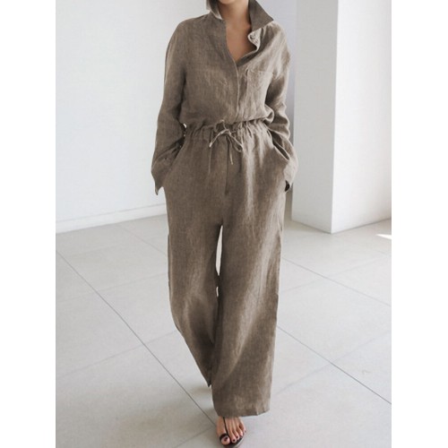 Casual Solid Color Pockets Elastic Waist Long Sleeve Jumpsuit
