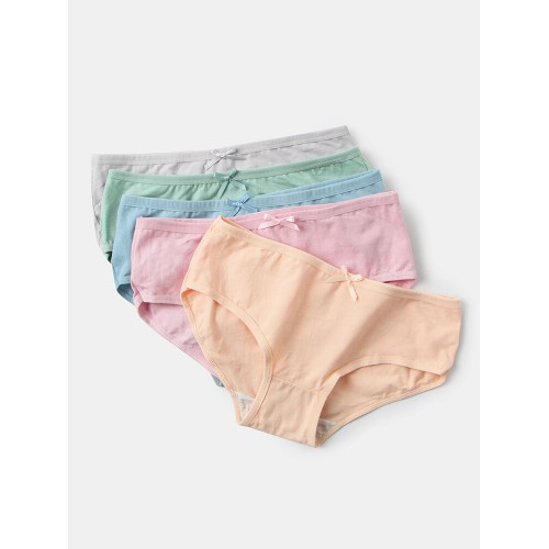 5Pcs Women Solid Color Bowknot Cotton Breathable Mid Waist Panties