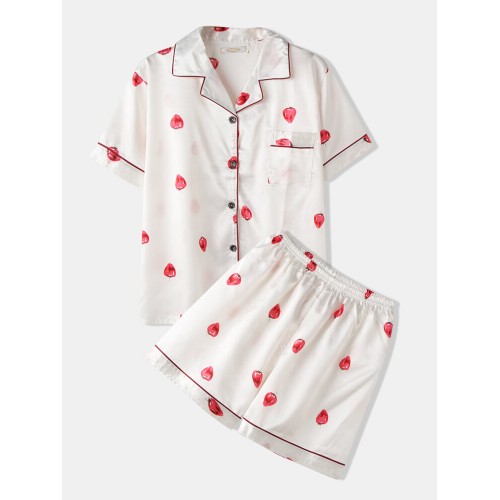 Plus Size Cherry Print Pajamas Set Short Sleeve Faux Silk Smooth Lapel Collar Sleepwear