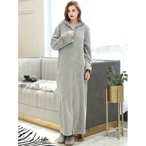 Plus Size Hooded Long Robe Front Zipper Striped Flannels Pajamas For Women