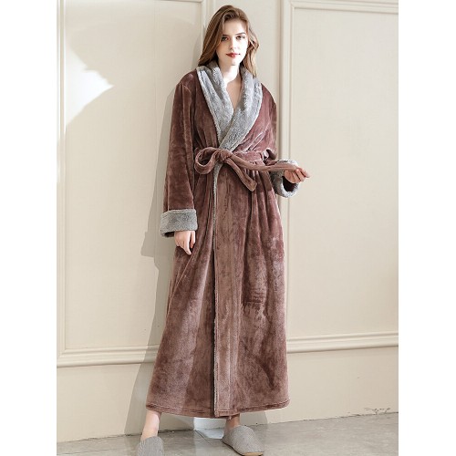 Plus Size Long Pink Robe Flannels Soft Patchwork Belt Pajamas With Pockets