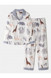 Women Cartoon Animal Printed Cotton Turn-Down Collar Long Pajamas Sets