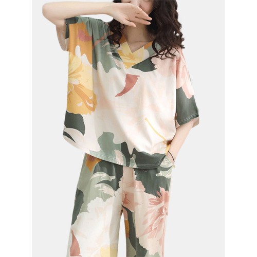 Plus Size Women 100% Cotton Allover Flower Print Two Pieces Pajama