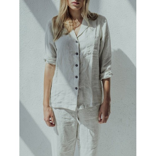 Plus Size Women Cotton Linen Solid Shirt Long Pajamas Sets With Pocket