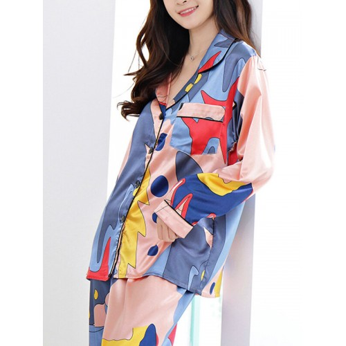 Plus Size Women Colorful Printing Ice Silk Lapel Collar Sleepwear Set With Pocket