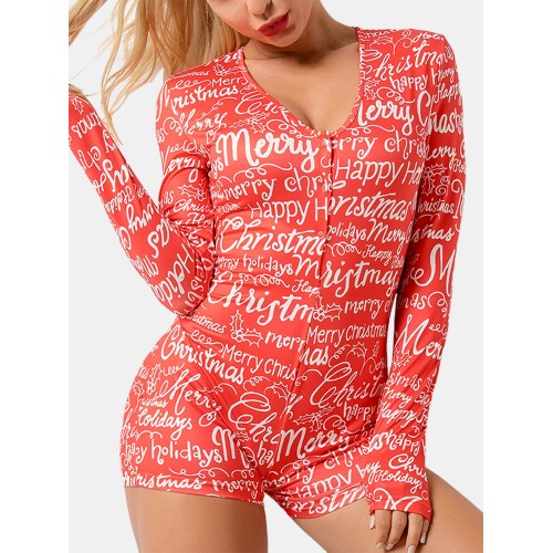 Plus Size Women Allover Letter Printed V-Neck Button Up Long Sleeve Onesies Sleepwear