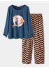 Women Plus Size Women Witch Cartoon Cat Long Sleeve Chevron Halloween Home Pajama Set