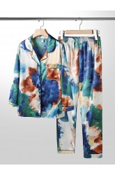 Plus Size Women Tie-Dye Ice Silk Lapel Collar Two Pieces Pajamas With Pocket